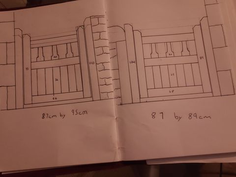 Hand-drawn pencil sketch of a pair of garden gates with measurements marked
